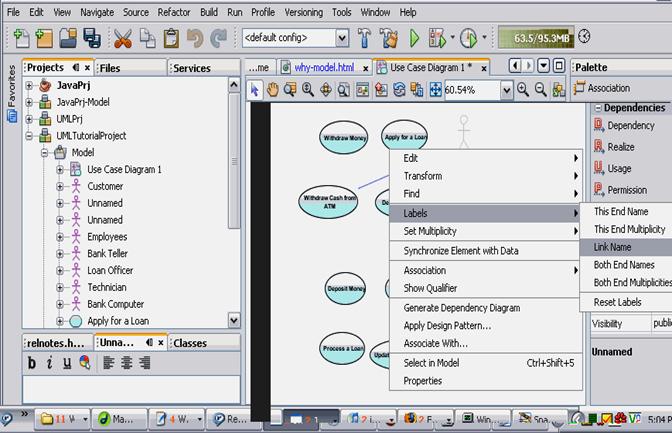 Screen capture showing the pop-up menu for labeling the Association link