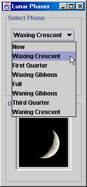 Screenshot of the LunarPhases application with combo box open