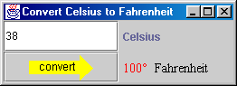 The improved CelsiusConverter2 application with colored fonts on the Fahrenheit label and a graphic on the button. 